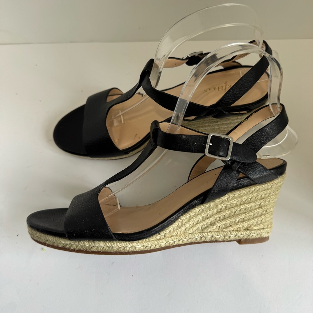 Cole Haan Elizabeth Wedge Sandal Black Leather T-Strap Espadrille Size 8 - Picture 7 of 16